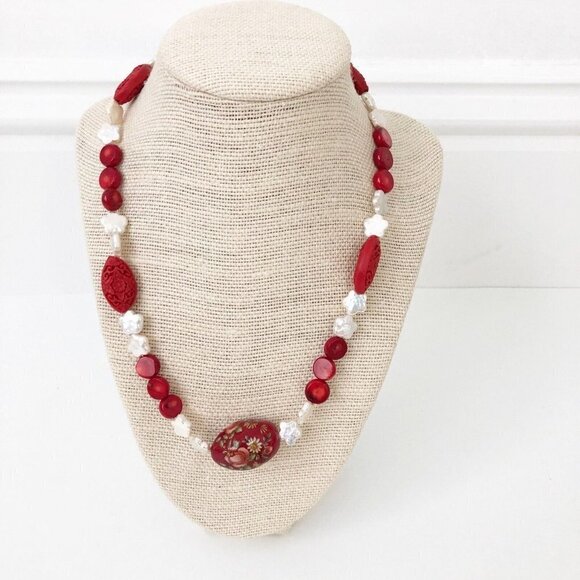 Jewelry - NWT Genuine Red Coral, Carved Cinnabar & Pearl Necklace Beaded